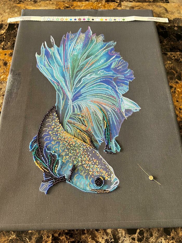 Something A Little Different. My Mom Wanted A Beta Fish Embroidery So Here’s The Wip (Based On A Kit). The Beads *really* Slow Down The Back Stitch