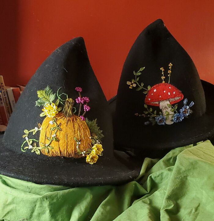 On A Whim I Wanted To See If I Could Make Felt Patches To Stitch On Felt Hats And Embroider/Ribbon Work Over Them. It Was A Successful Experiment!