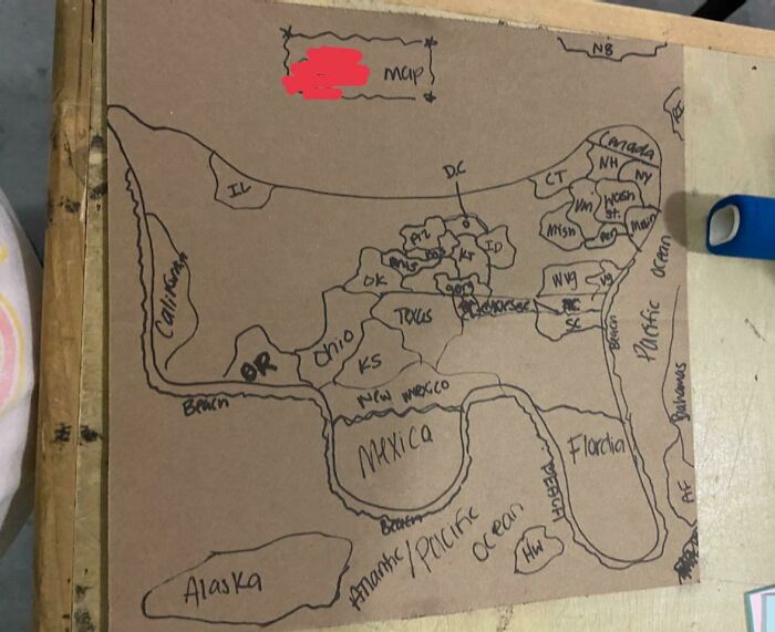 A Girl At Work Drew What She Thinks The Map Of The USA Looks Like. She's Almost 30 With 2 Kids. The Nc Public School System Has Really Failed Her