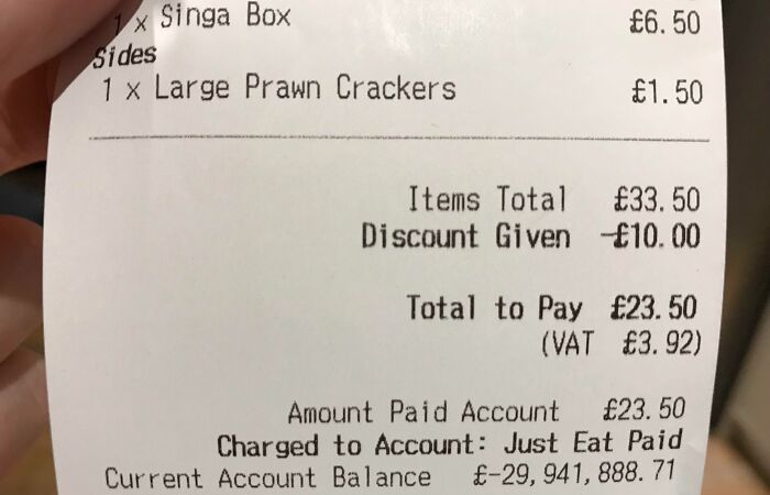 My Receipt From JustEat Shows JustEat’s Account Balance