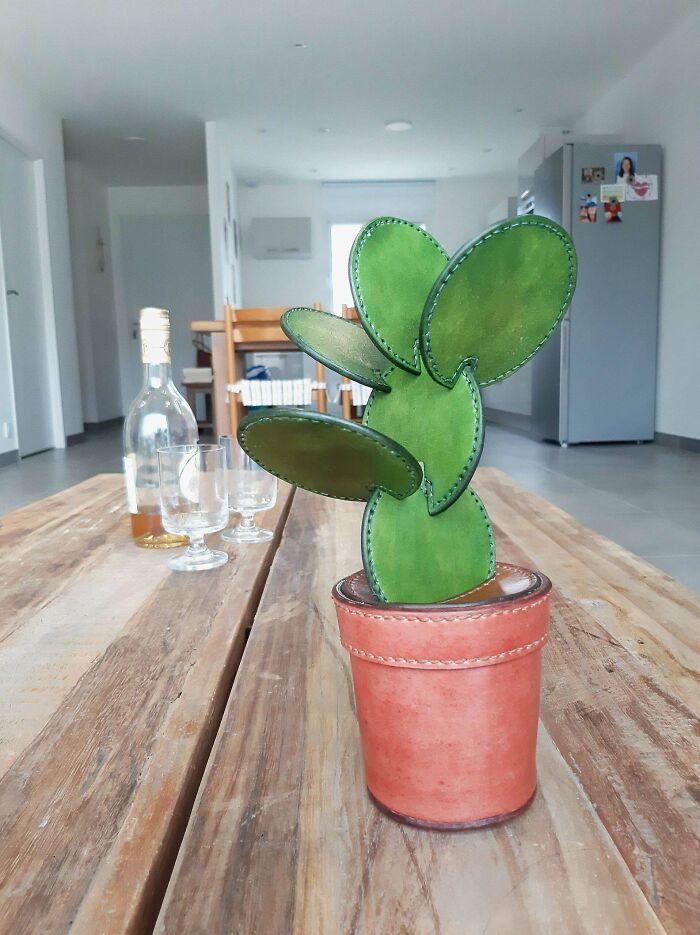 I Made This Cactus Coasters Set With Leather For My Aunt's Birthday. Do You Think The Flower Pot Is A Bit Too Wide At The Base To Be Somewhat Realistic?