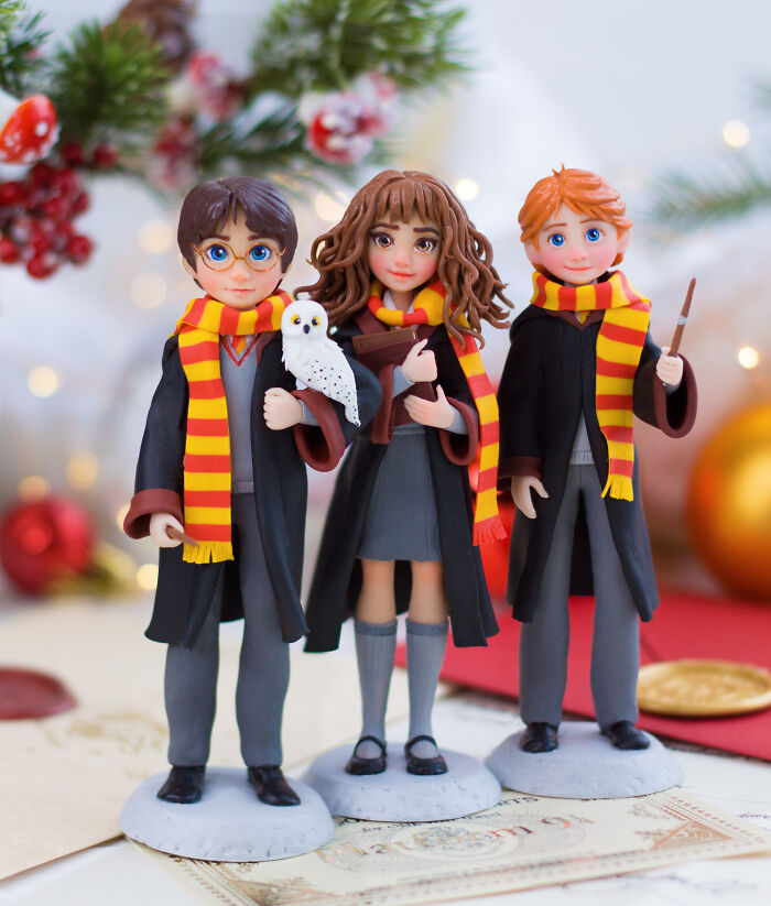  Arte de Harry Potter, Hermione y Ron hechas por fans. De arcilla polimérica de color, ¿qué les parece?