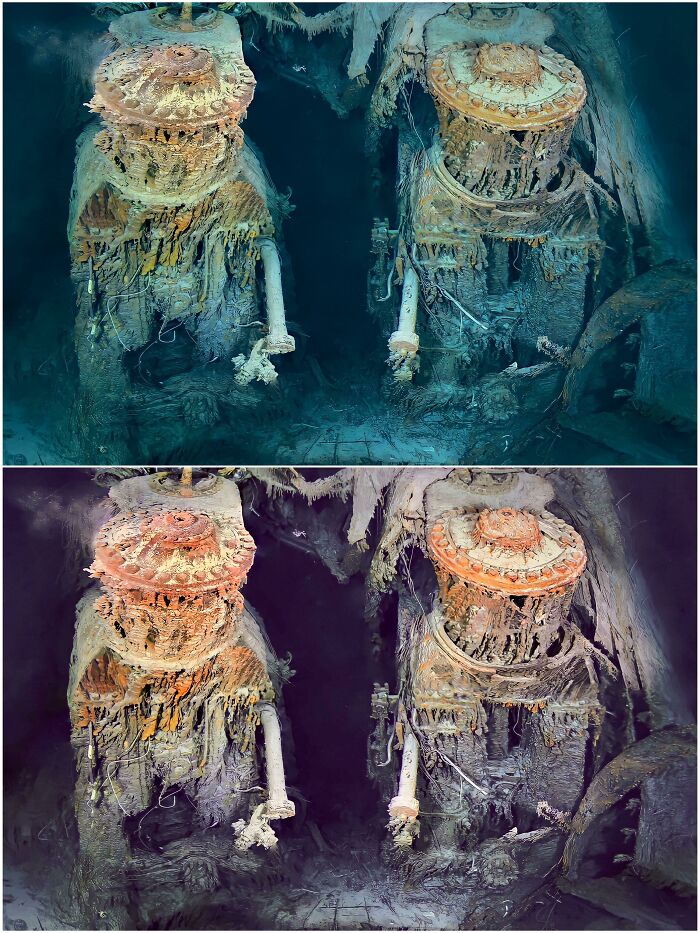 Two Of Titanic’s Rusticle-Ridden Engines. Below Is What It Would Look Like Out Of Water. These Structures Are About Four Stories Tall