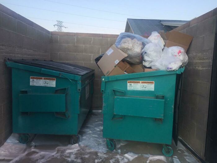 The Dumpster On The Left Is Empty But People Are Too Lazy To Open The Lid So They Just Keep Piling Trash Up Into The Right Dumpster