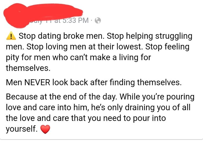 "Stop Helping Men That Are Struggling" Yikes
