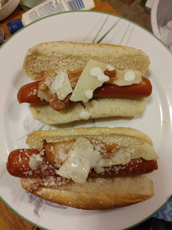 Since A Lot Of People Didn't Like My Midnight Snack. Rate My Mid Day Snack. Hot Dog With Ranch, Bacon And Expensive Cheese