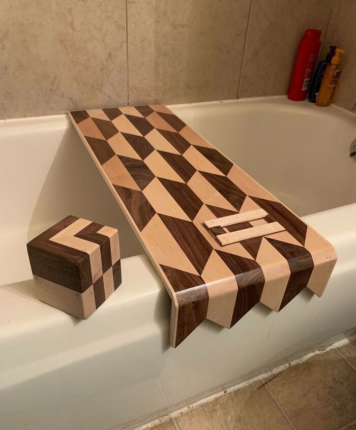 A Bath Table I Made For My Girlfriend. The Cube Is A Doorstop. Don't Mind The Poor Finish On That, It Was Intended To Be On The Floor