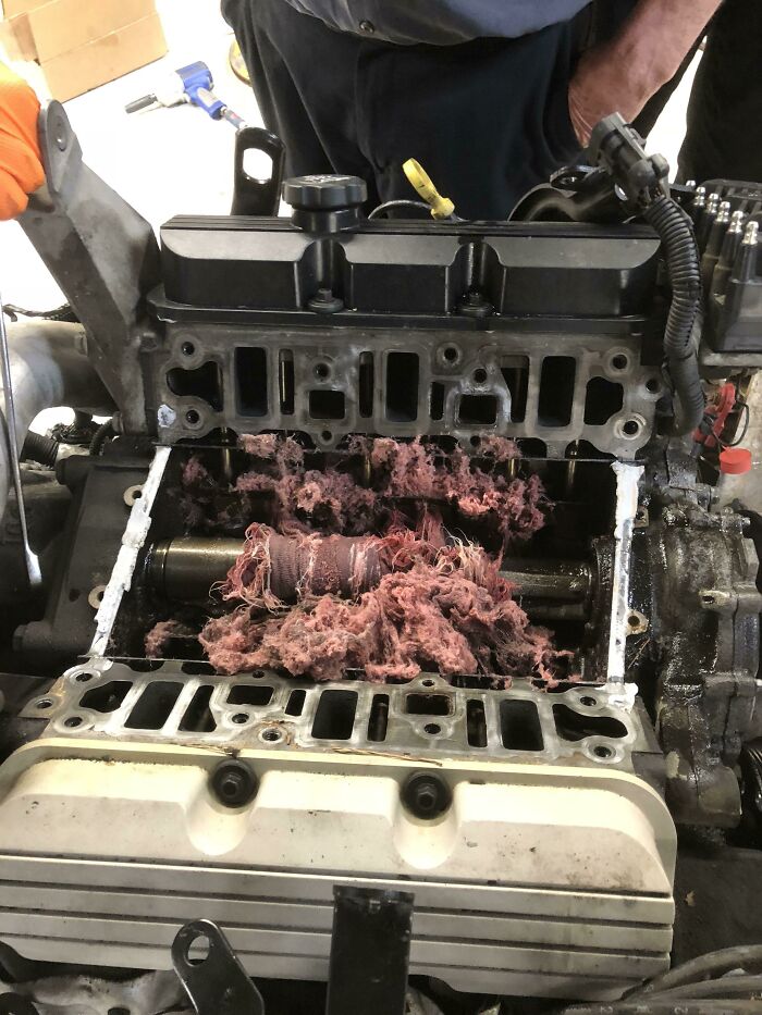 Coworker Left A Couple Shop Rags In The Engine Valley When Doing Intake Gaskets. Now He Gets To Replace The Engine