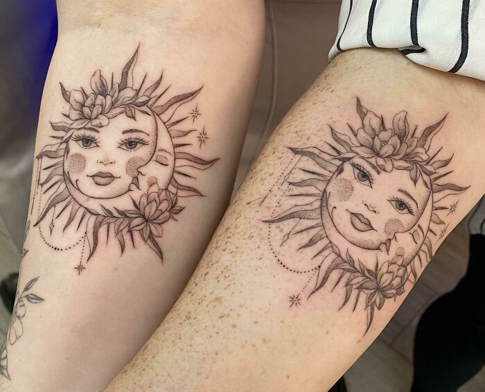 Matching sun with moon forearm tattoos