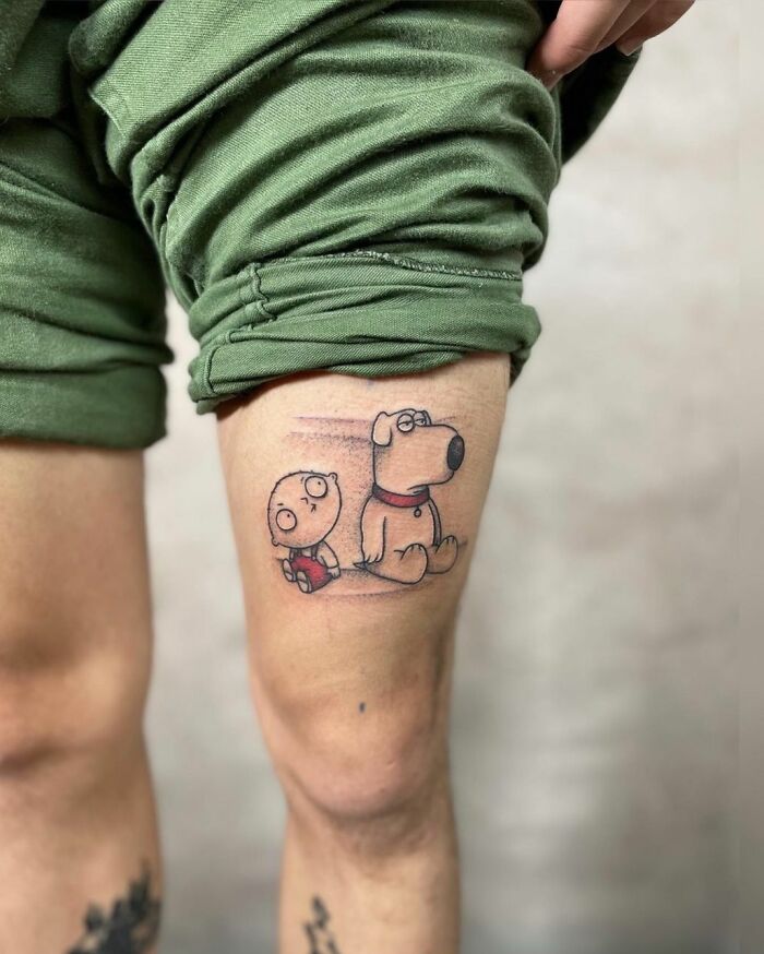 Stewie and Brian leg tattoo 