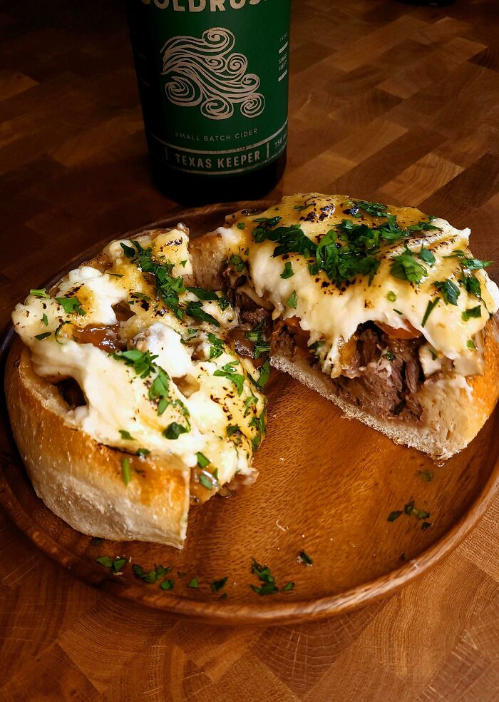 Pot Roast Bread Bowl Topped With Smoked Gouda Mashed Potatoes
