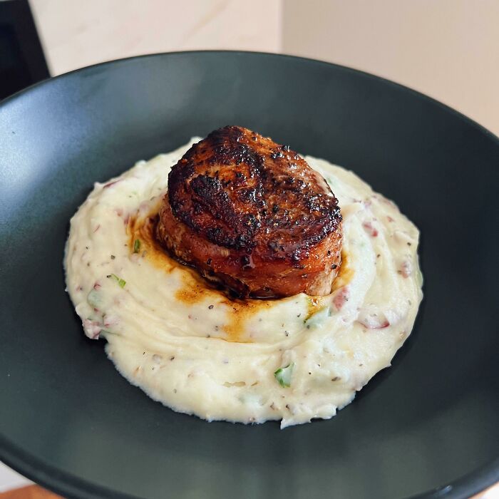 Bacon Wrapped Pork Tenderloin Medallion With Red Skin Mashed Potatoes
