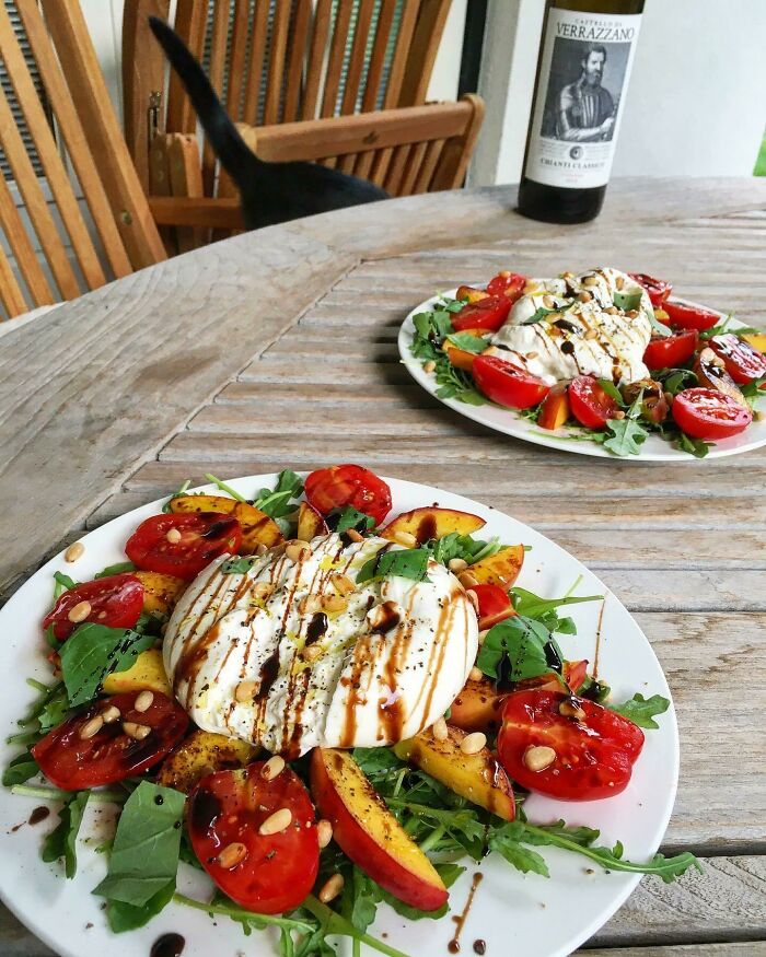 Burrata, Charred Peaches, Tomatoes, Arugula, Toasted Pine Nuts, Balsamic And Olive Oil. Hoping For A Good Summer !