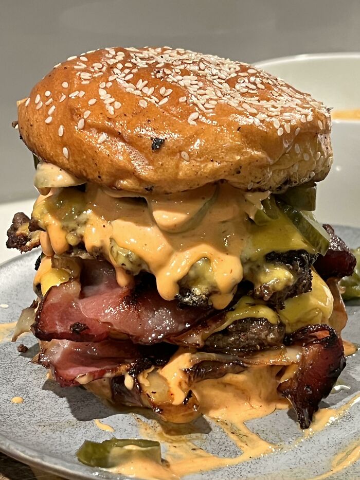 Double Beef N Bacon Smash W/Thick Cut Pickles & Jalapeños…
