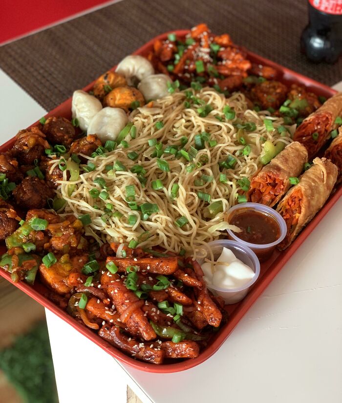Indo Chinese Platter (Veg) - Hakka Noodles, Momos, Honey Chilli Potato, Spring Rolls, Manchurian