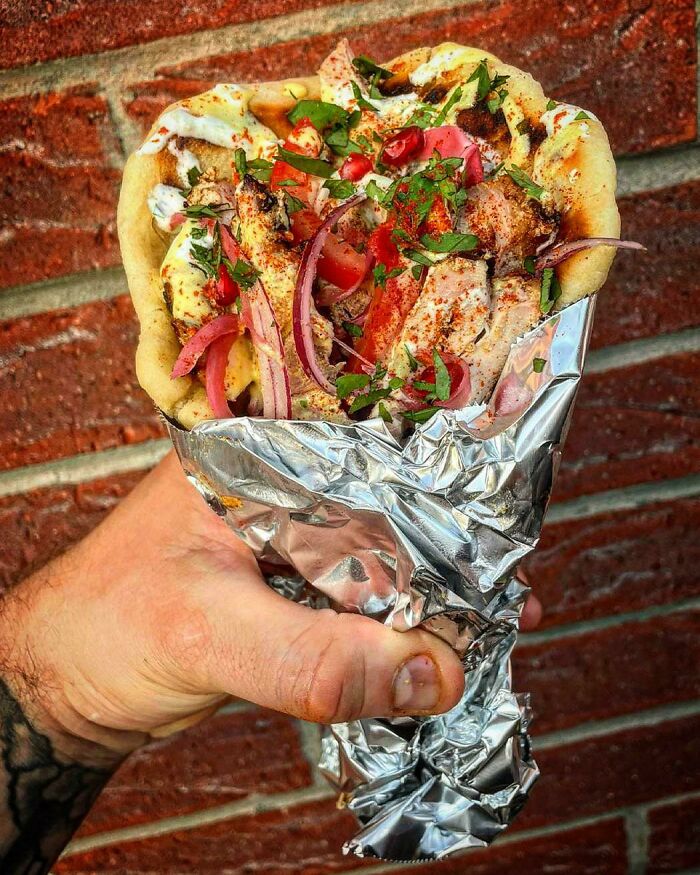A Bouquet Of Chicken Gyros On Homemade Pitta