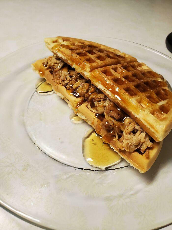 Screw Chicken And Waffles. Waffle And Pulled Pork Sandwich