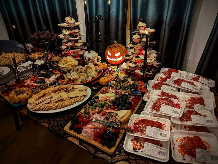 Our Halloween Charcuterie Spread + Pumpkin Spice & Cream Cheese Frosting Cupcakes + Skeleton Brownies + Rice Krispie Treats (Not Raw Meat)