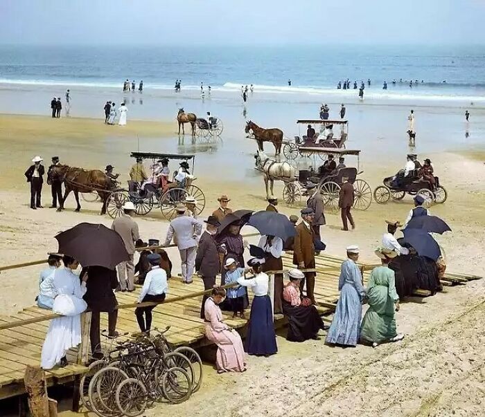People At Daytona Beach In Florida, United States In 1904. Colorized