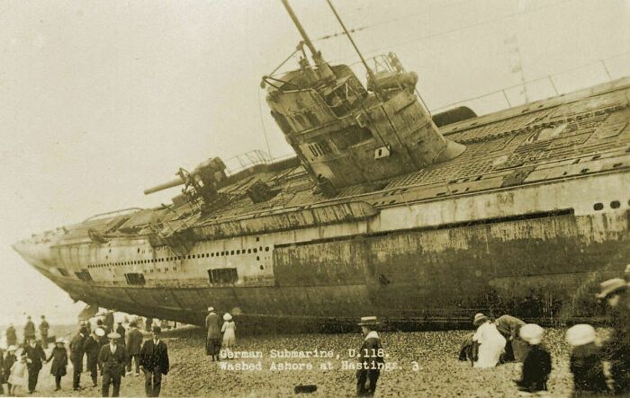 U-118, A World War One German Submarine Washed Ashore On The Beach At Hastings, England. 1919