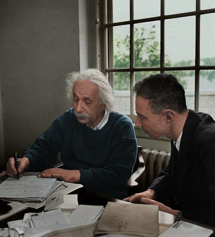 J. Robert Oppenheimer And Albert Einstein, 1947. (Colorized)