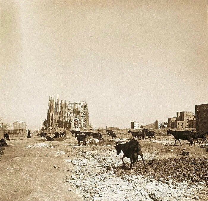 Barcelona, Spain In 1906. Sagrada Familia Basilica In An Early Stages Of Construction