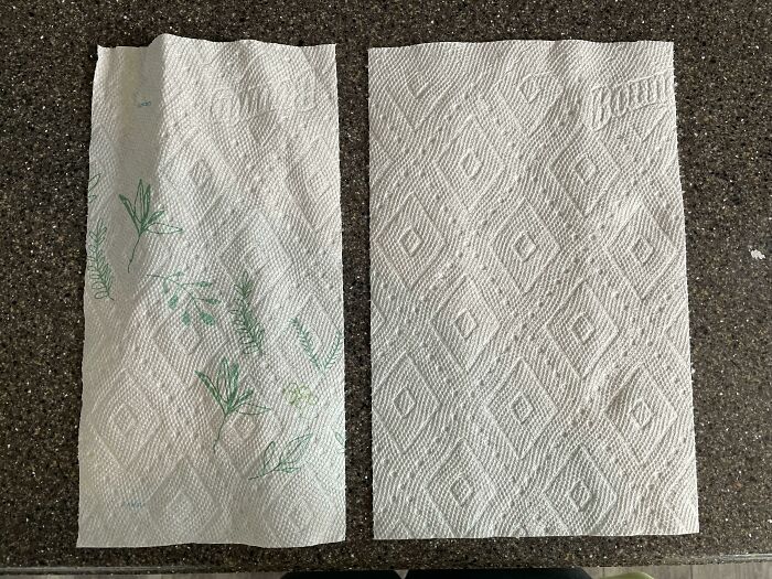 New Bounty Paper Towel On The Left, Old Bounty On The Right. Both Packs Bought At Costco. Width Is Smaller & The Towel Itself Is Thinner