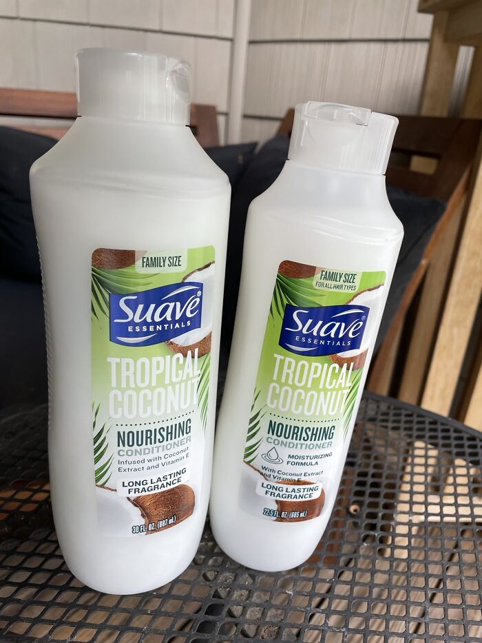 Suave Naturals Conditioner. Left: Old Bottle, $1.99 For 30 Fl Oz. Right: New Bottle, $1.69 For 22.5 Fl Oz. Store Touts A “Price Drop!” Actually A 13% Price Increase