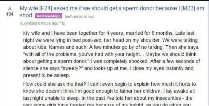 Wife Wants A Sperm Donor Because Husband Is Too Short