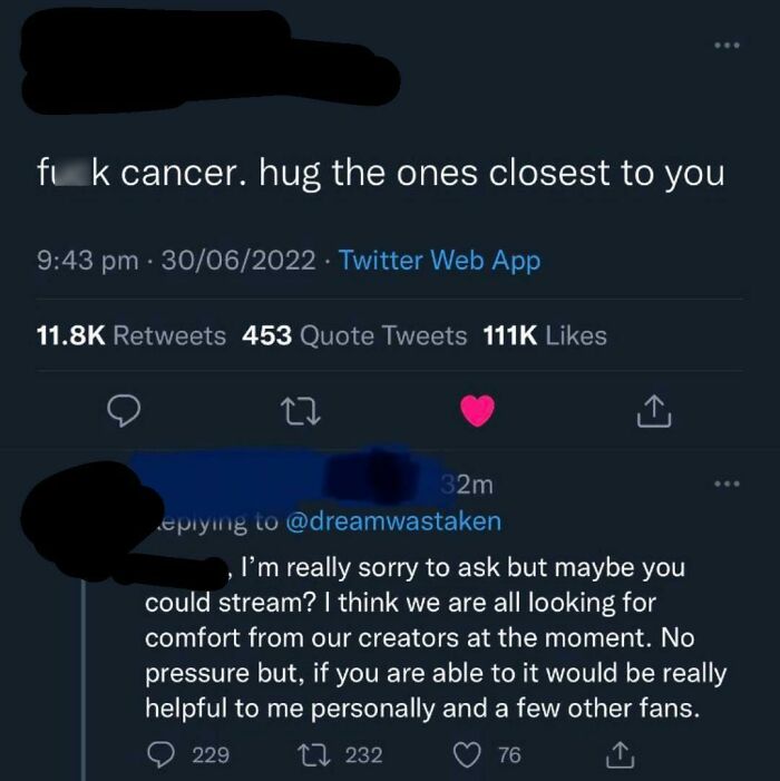 Asking Someone To Stream After Cancer Tweet