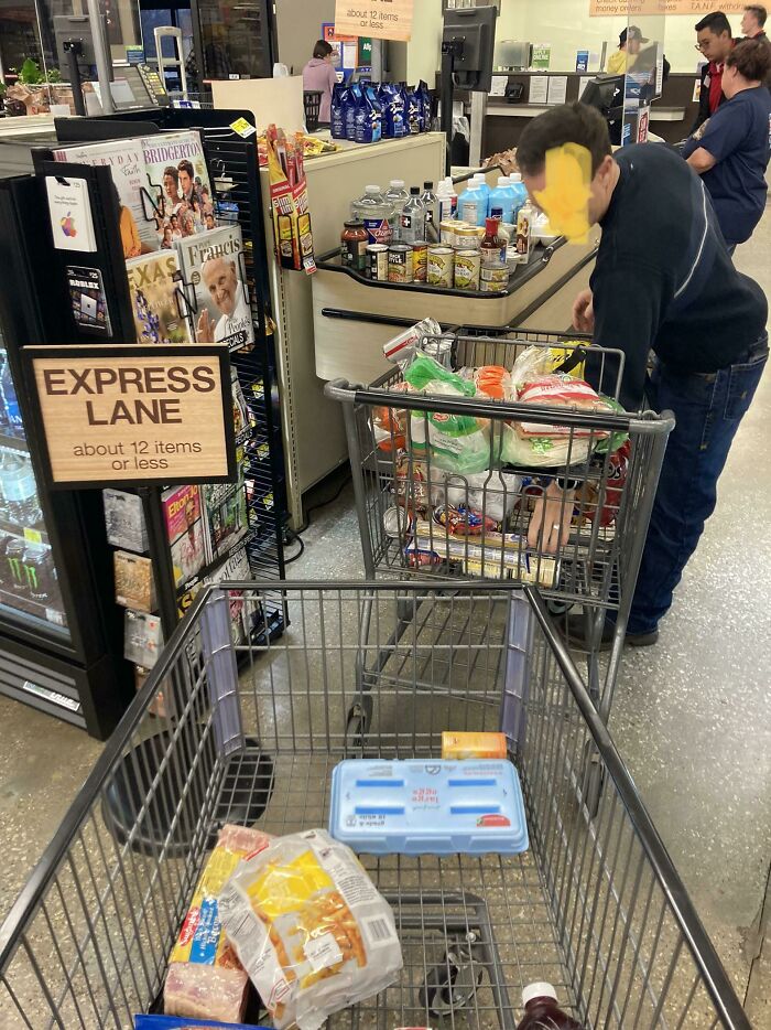 This Guy's Amount Of Items In The Express Lane Right Before Dropping The 6 Pack Of Diet Coke All Over The Floor