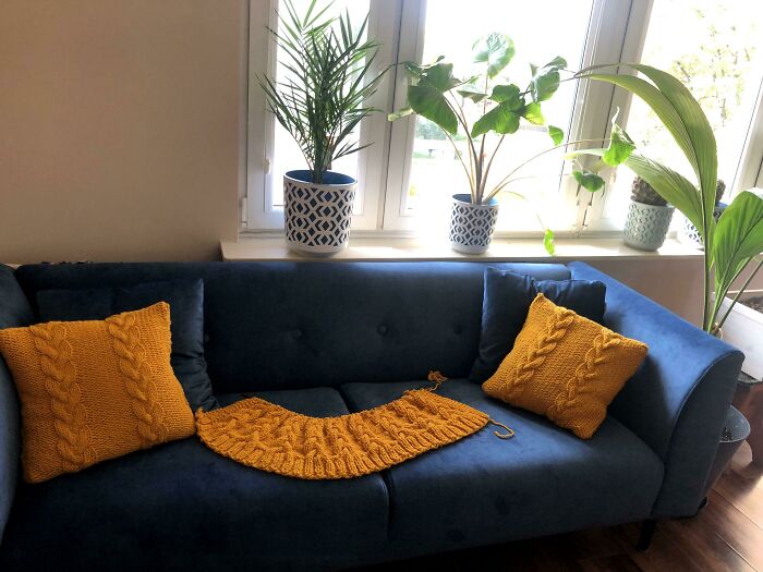 Two Finished Pillows And A Work In Progress - Blanket. I Learnt To Knit Just Because I Felt That Knitted Pillows Would Look Nice On My New Sofa