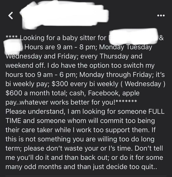 $3.40 An Hour To Babysit 3 Kids. $600 A Month. Don’t Waste Her Time
