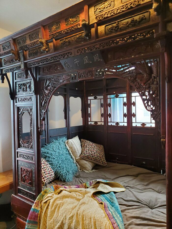 Chinese Wedding Bed. Teak. Hand Carved. No Nails. Red And Gold Finish. All Parts Complete And Functional