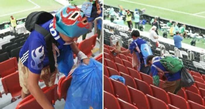 Luego de haber ganado el partido, los fanáticos japoneses comenzaron a limpiar el estadio