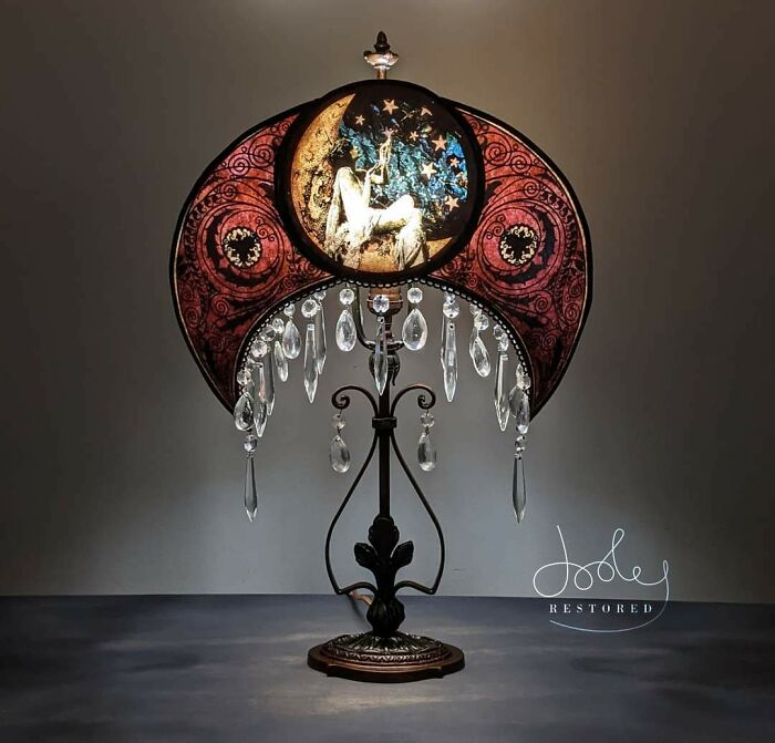 I Restored This Antique Lamp And Made A Bohemian Crescent Moon Mica Shade With Antique Chandelier Crystal Pendants