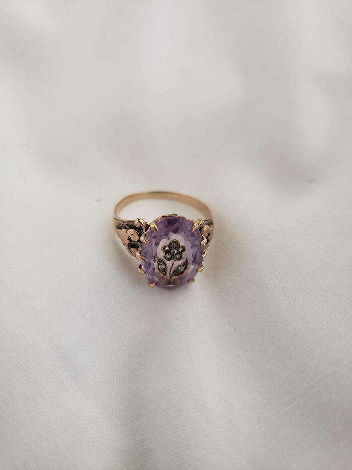Engagement Ring.i Love It And My New Fiance Very Much. Amethyst And Rough Cut Diamonds. 10k Gold Ring. Estimated To Be Made 1910-1920 Or Perhaps Earlier, Purchased In New Orleans