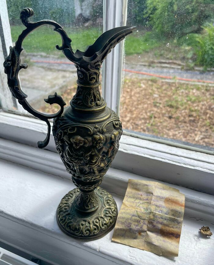 I Found An Old Note Hidden Inside This 19th Century Bronze Ewer. No Idea What It Says