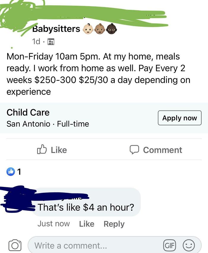 She Blocked Me For Pointing Out $4 An Hour Is Not Enough For A Full-Time Babysitter