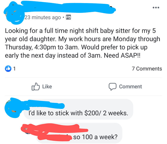 If She Picks Her Daughter Up By 6 AM, She Wants To Pay The Babysitter Approximately $1.80/Hour - For The Opposite Of Normal Working Hours