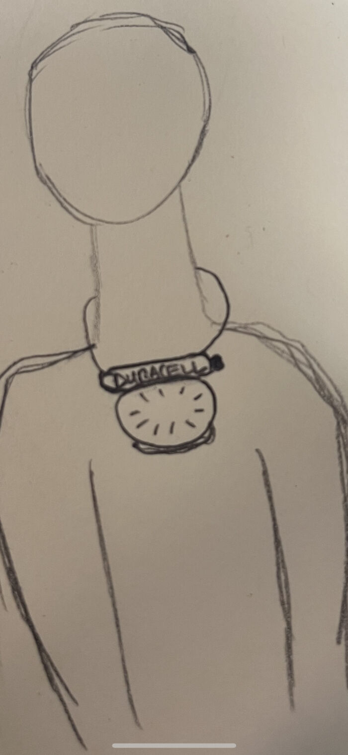Large Gray Plastic Dial With Aa Battery On Top, Worn By Older Man Around Neck Like A Necklace. He Had Normal Behind-The-Ear Hearing Aids Which Didn’t Seem Related. Saw Him Turn The Dial ~4 Times Over Couple Of Hours. Didn’t Want To Be Rude & Take A Pic, So There's Just A Masterful Sketch Done By Me