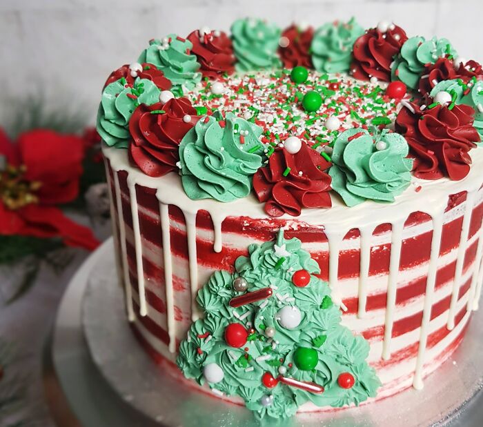 My First Ever Christmas Cake! Those Stripes Were Harder Than I Thought But I Think I Did Ok!