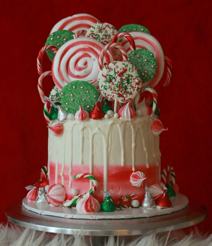 Went Overboard With This Candyland Christmas Cake! Chocolate Cake Filled With Peppermint Cream And Crushed Candy Canes, Topped With... Everything!