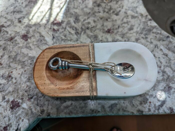 A House Warming Gift. It's Half Wood, Half Marble, Two Semi Circle Dips, Mini Spoon. What The Heck Is It?