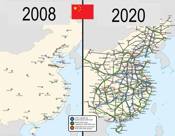 Chinese High-Speed Railway Map 2008 vs. 2020