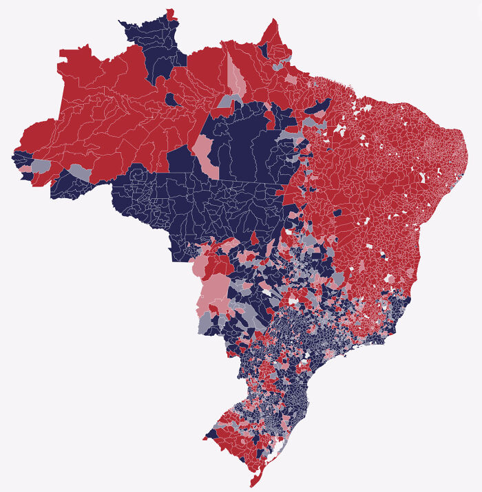 Brazilian Presidential Elections 2nd Oct 2022, After 97.7% Of The Ballots Counted (In Only 4 1/2 Hours). Red: Lula, Blue: Bolsonaro. Source: Tse/G1