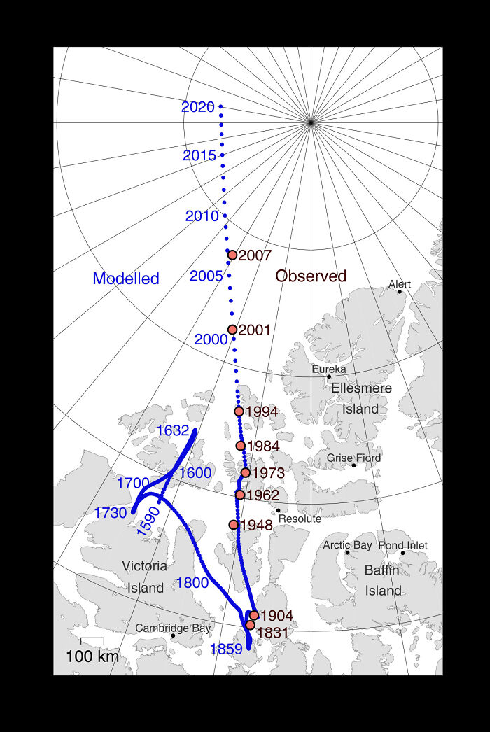 Position Of The North Magnetic Pole Since 1590