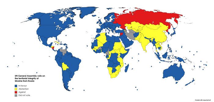 Map Of The UN General Assembly Vote Results On The Territorial Integrity Of Ukraine From Russia