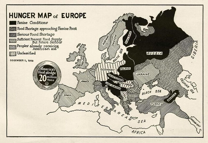 1918 American Map Of Hunger In Europe