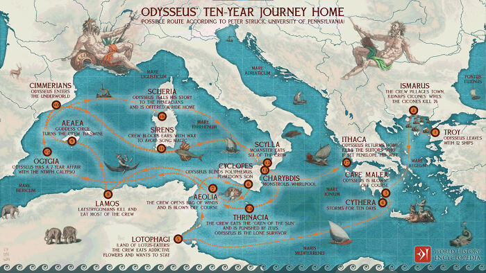 Estimated Map Of Odysseus's 10 Year Journey During The Events Of The Odyssey (Warning: Spoilers)
